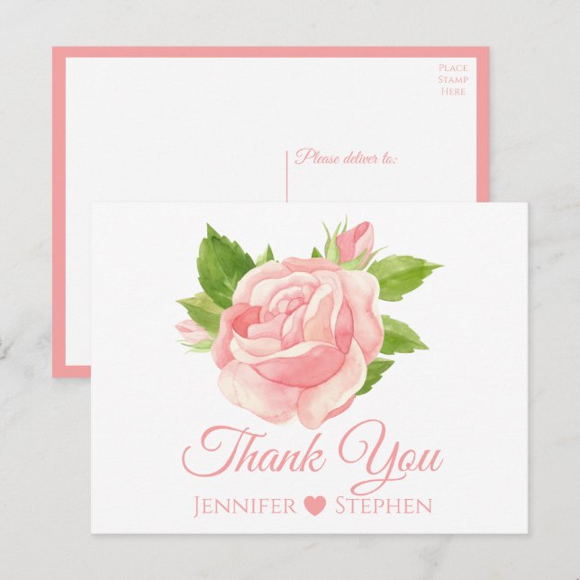 Floral Watercolor Pink Rose Wedding Thank You Postcard (Front/Back)