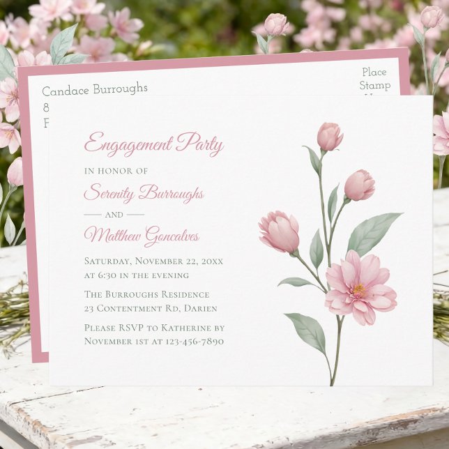 Floral Watercolor Pink Sage Engagement Party Invitation Postcard (Creator Uploaded)