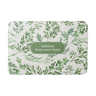 Floral Watercolor Plants, White and Green Family Bath Mat