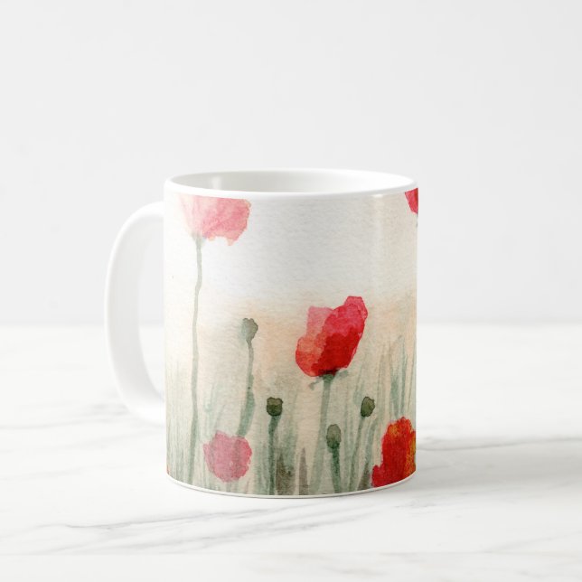 Floral watercolor poppies, garden art mug (Front Left)