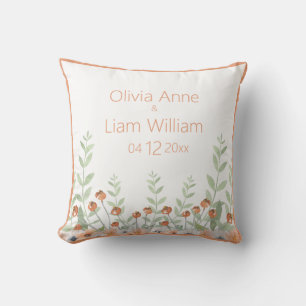 Floral Watercolor Poppies Mums Modern Name Wedding Cushion
