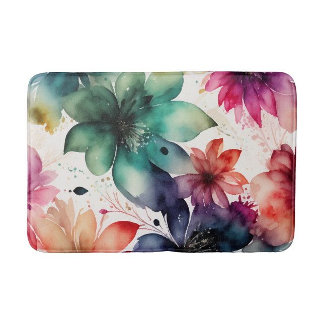 Floral watercolor print and pattern bath mat (Front)