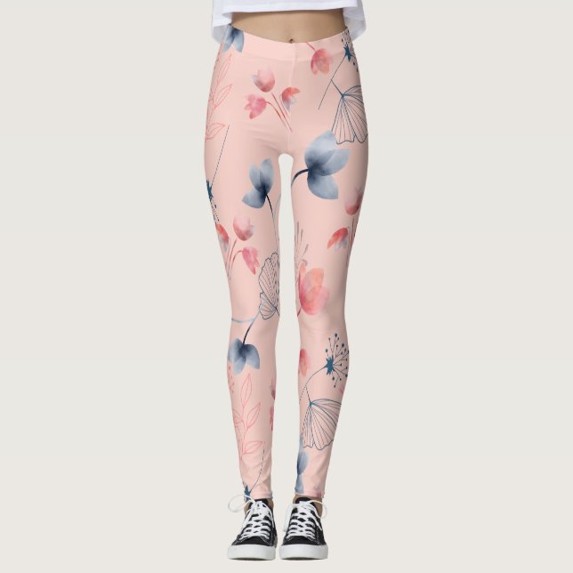 Floral Watercolor Print - Pink Bkgrd Leggings (Front)