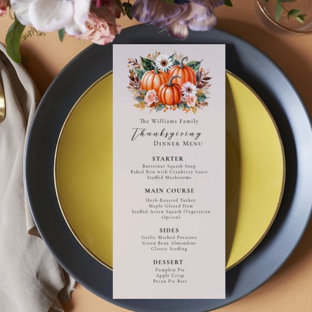 Floral Watercolor Pumpkin Elegant Thanksgiving  Menu (Creator Uploaded)
