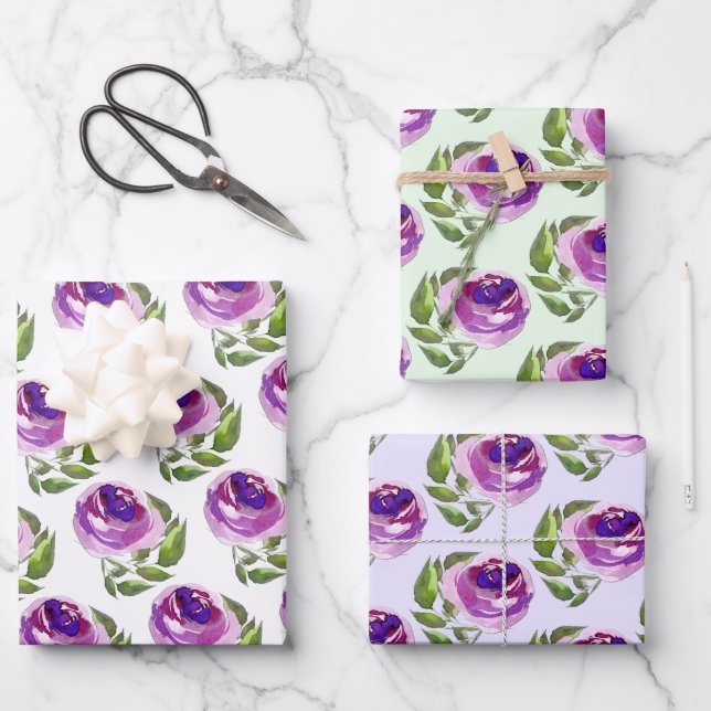 Floral Watercolor Purple Roses Pattern Wrapping Paper Sheet (Front)