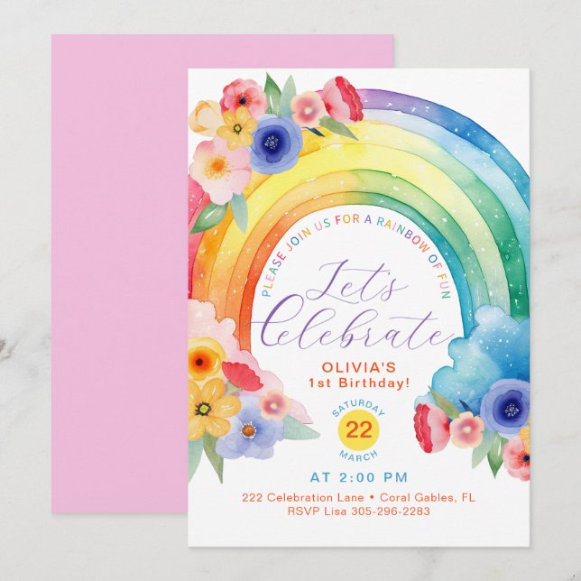 Floral Watercolor Rainbow 1st Birthday Invite (Front/Back)