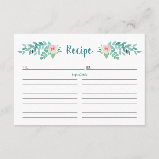 Floral Watercolor Recipe Cards (Front)