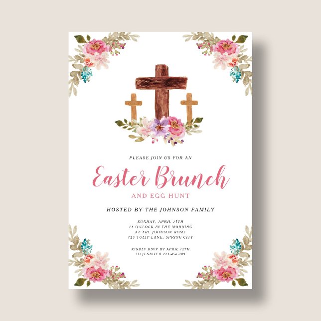 Floral Watercolor Religious Cross Easter Brunch In Invitation (Floral Watercolor Religious Cross Easter Brunch In Invitation)