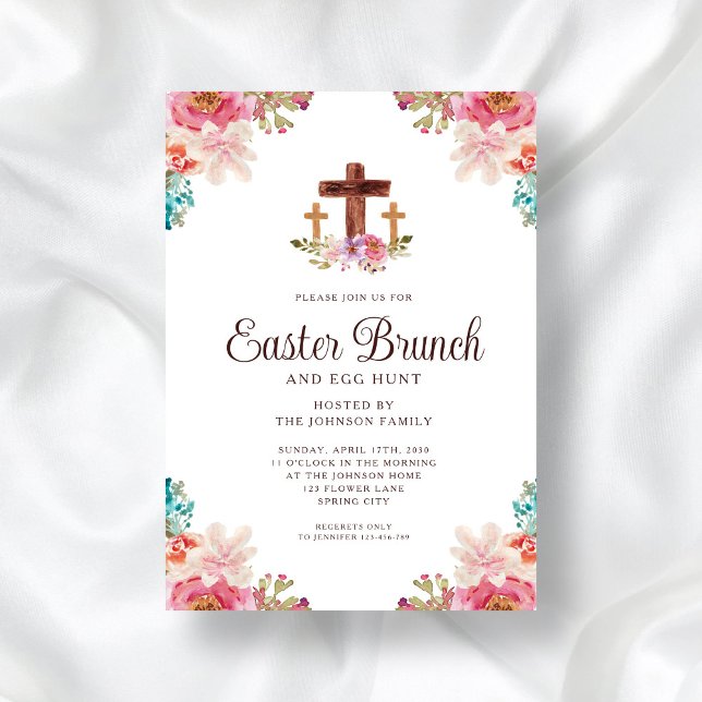 Floral Watercolor Religious Cross Easter Brunch Invitation (Floral Watercolor Religious Cross Easter Brunch Invitation)