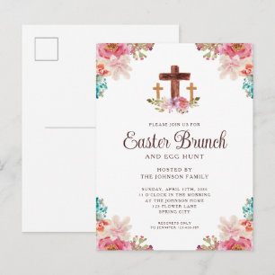 Floral Watercolor Religious Cross Easter Brunch Invitation Postcard