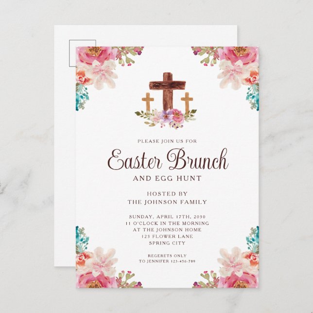 Floral Watercolor Religious Cross Easter Brunch Invitation Postcard (Front/Back)