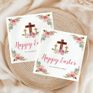 Floral Watercolor Religious Cross Happy Easter  Napkin