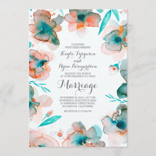 floral watercolor romantic teal wedding invitation