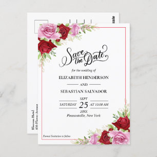 Floral Watercolor Rose Wedding Save The Date Postcard