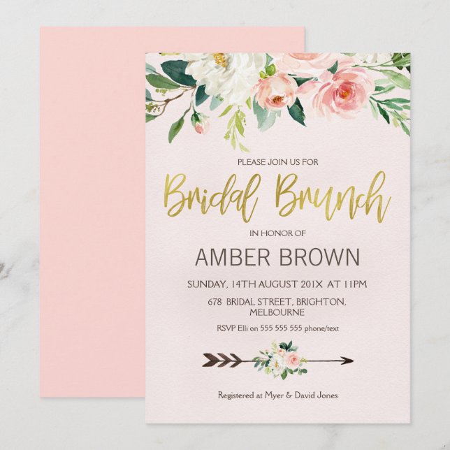 Floral Watercolor Roses Bridal Brunch Invitation (Front/Back)