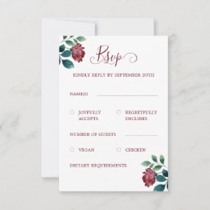 Floral Watercolor Roses Burgundy QR Code Wedding RSVP Card