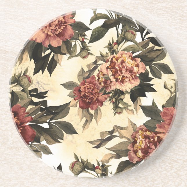 Floral Watercolor Roses, Peonies Pattern. Coaster (Front)