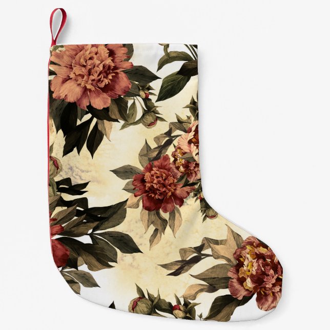 Floral Watercolor Roses, Peonies Pattern. Small Christmas Stocking (Front)