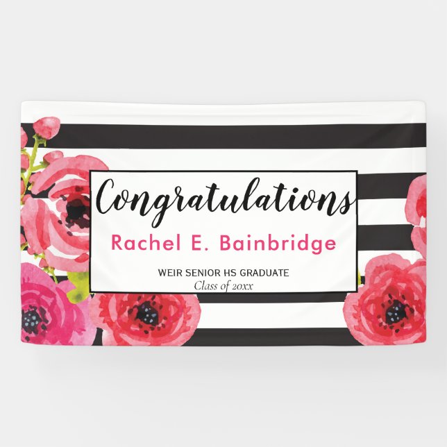 Floral  Watercolor Roses &  Stripes Grad Party Banner (Horizontal)