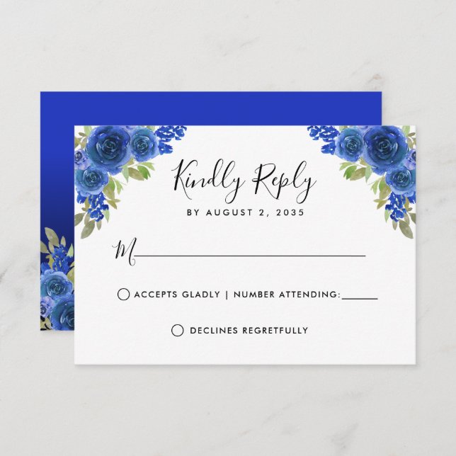 Floral Watercolor Royal Blue Quinceanera RSVP Card (Front/Back)