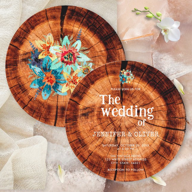 Floral Watercolor Rustic Wood Cut Slice Wedding Invitation (Front/Back)