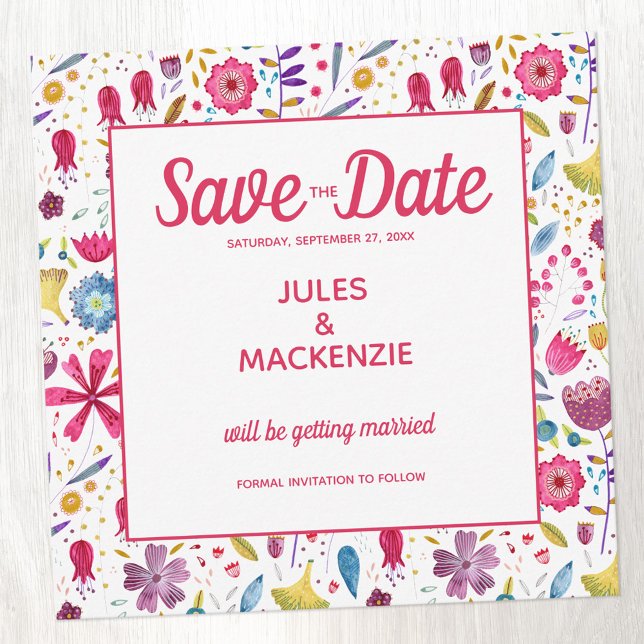 Floral Watercolor Save the Date Invitation (Contemporary floral wild flower watercolor Save the Date card)