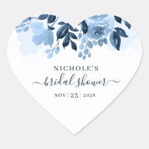 Floral Watercolor Script Navy Blue Bridal Shower Heart Sticker