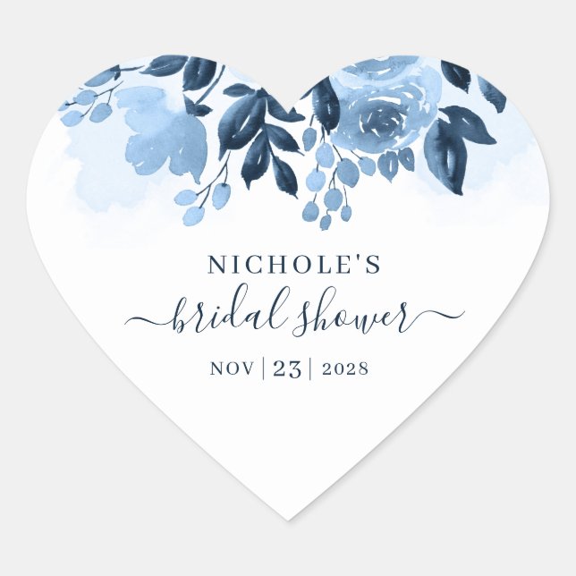 Floral Watercolor Script Navy Blue Bridal Shower Heart Sticker (Front)