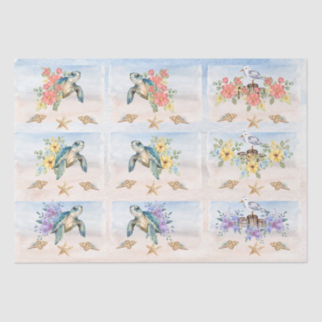 Floral Watercolor Sea Turtles & Sandpipers Tissue Paper (Front)