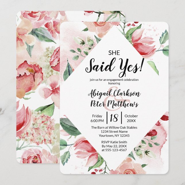 Floral Watercolor She Said Yes Engagement Party Invitation (Front/Back)