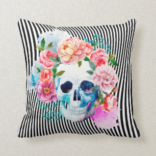 Floral Watercolor Skull With Stripes Cushion