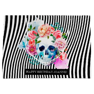 Floral Watercolor Skull With Stripes Large Gift Bag