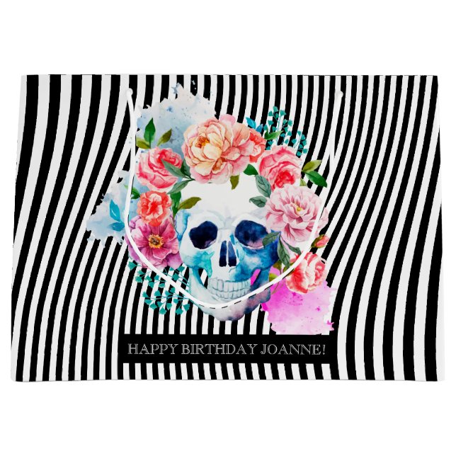 Floral Watercolor Skull With Stripes Large Gift Bag (Front)