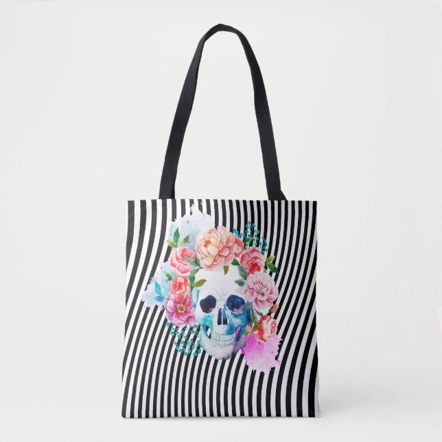 Floral Watercolor Skull With Stripes Tote Bag (Front)