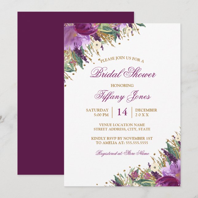 Floral Watercolor Sparkling Amethyst Bridal Shower Invitation (Front/Back)