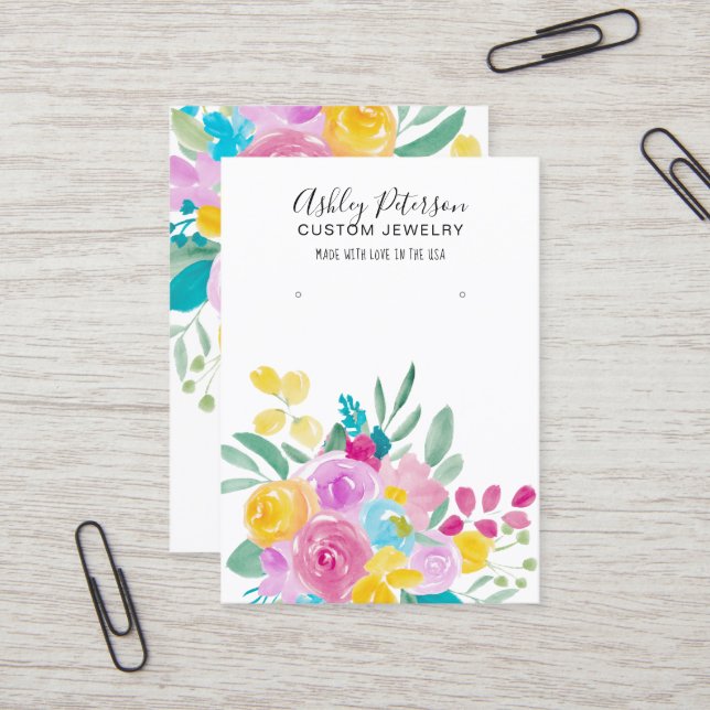 Floral watercolor spring jewellery earring display business card (Front/Back In Situ)