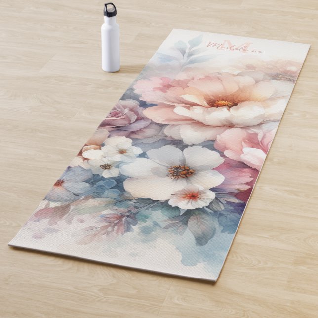 Floral Watercolor Stylish Pastels Name Monogram Yoga Mat (In Situ)