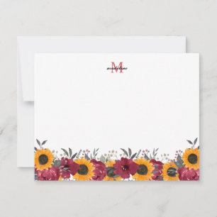 Floral Watercolor Sunflower Burgundy Monogram Card
