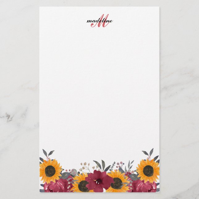 Floral Watercolor Sunflower Burgundy Monogram Note Stationery (Front)
