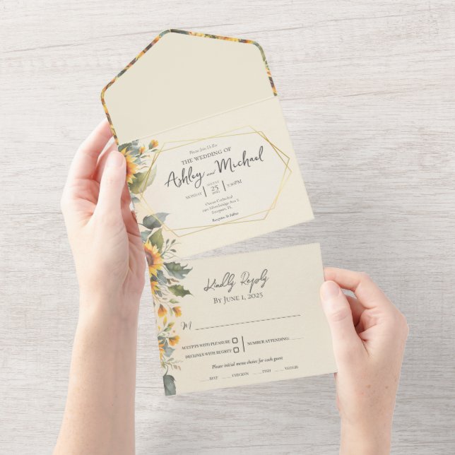 Floral Watercolor Sunflower Gold Geometric Wedding All In One Invitation (Tearaway)