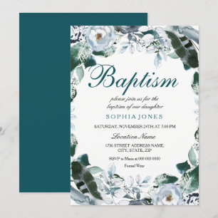 Floral Watercolor Teal Green Baptism Invitation
