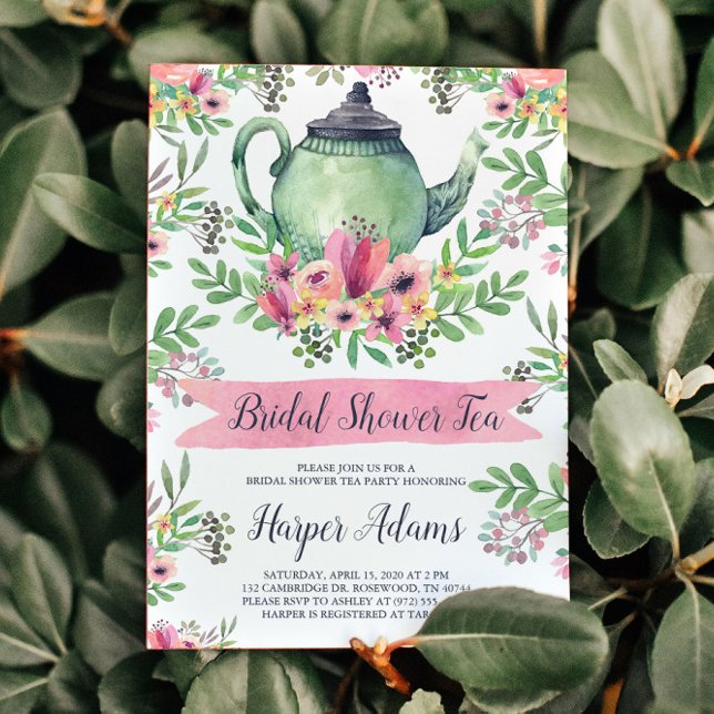 Floral Watercolor Teapot Bridal Shower Tea Invitation (Beautiful watercolor tea party design.)