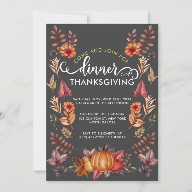 Floral Watercolor Thanksgiving Black Theme Dinner Invitation (Front)