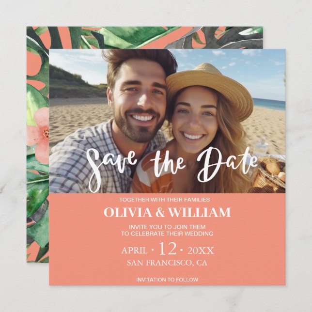  Floral Watercolor Tropical Beach Save the date Invitation (Front/Back)