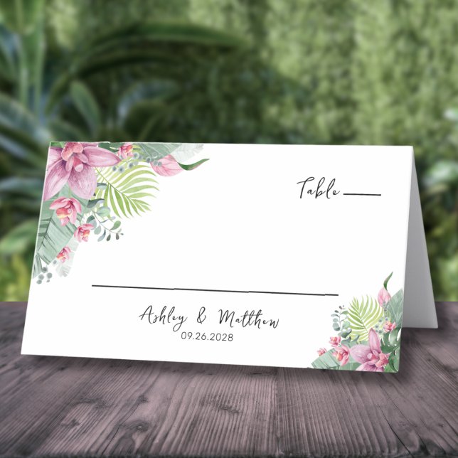 Floral Watercolor Tropical Wedding Place Card (Elegant Palm Floral Watercolor Tropical Wedding Place Card)