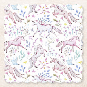 Floral Watercolor Unicorn Pattern Paper Coaster