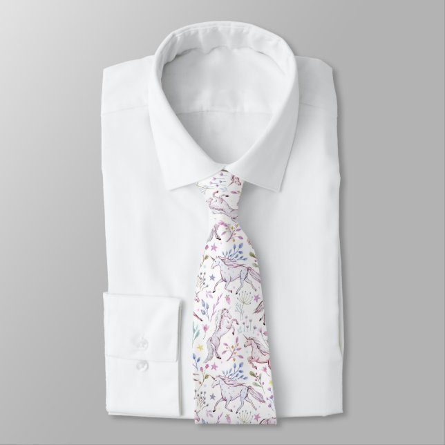 Floral Watercolor Unicorn Pattern Tie (Tied)