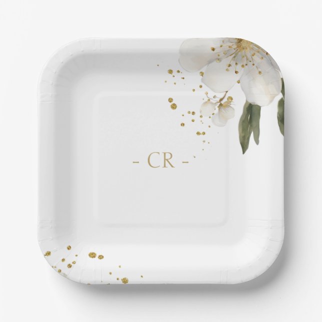 Floral Watercolor Wedding Initials Paper Plate (Front)