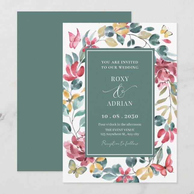 Floral watercolor wedding invitation (Front/Back)