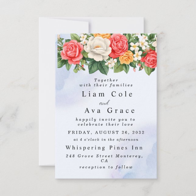 Floral Watercolor Wedding Invitation  Elegant Rose (Front)